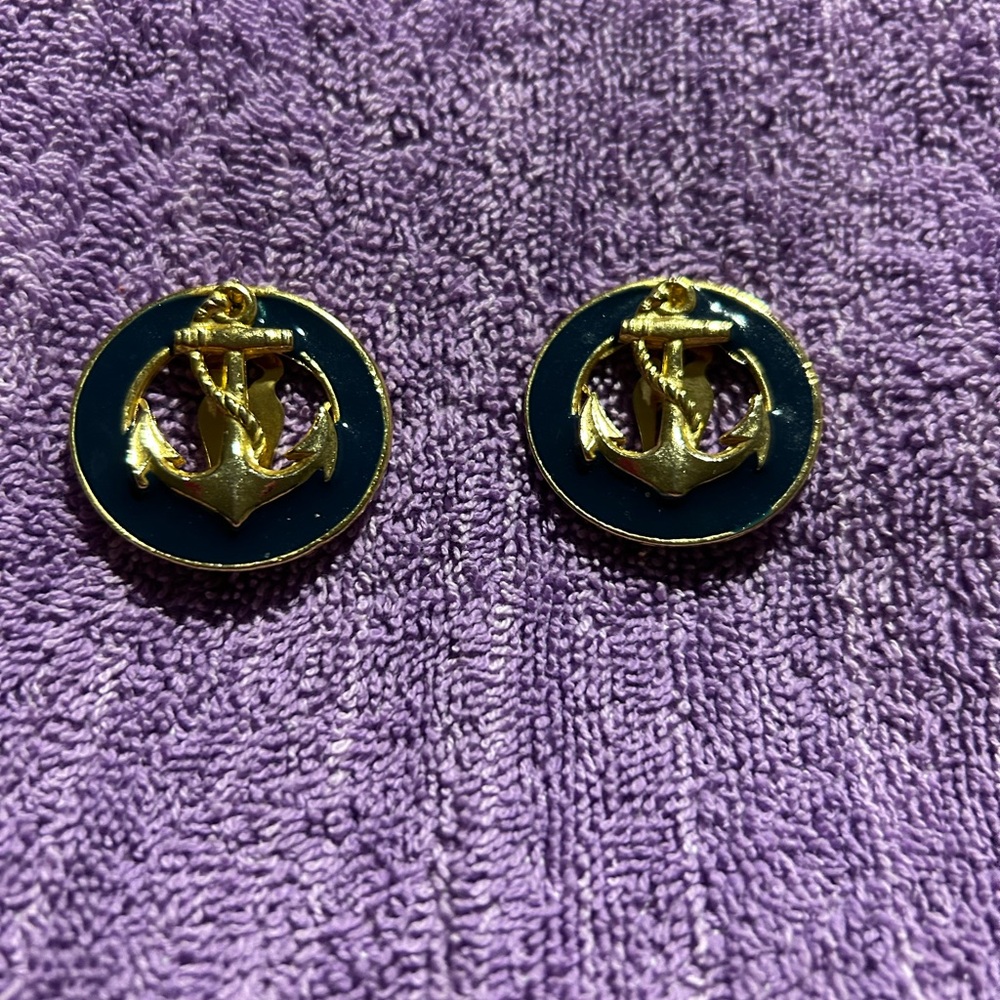 Gold Anchor Navy Enamel Round Earrings - Nautical Button Style Clip ON
